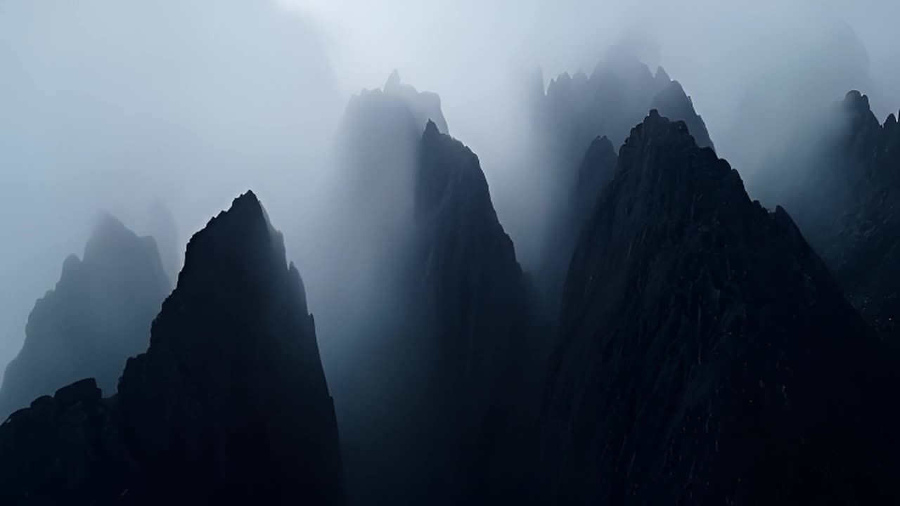 山峰被浓厚的雾气笼罩着。相机缓缓地横扫过这些诡异而