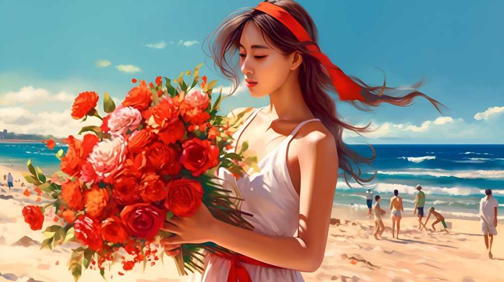 手拿花花的插画美女