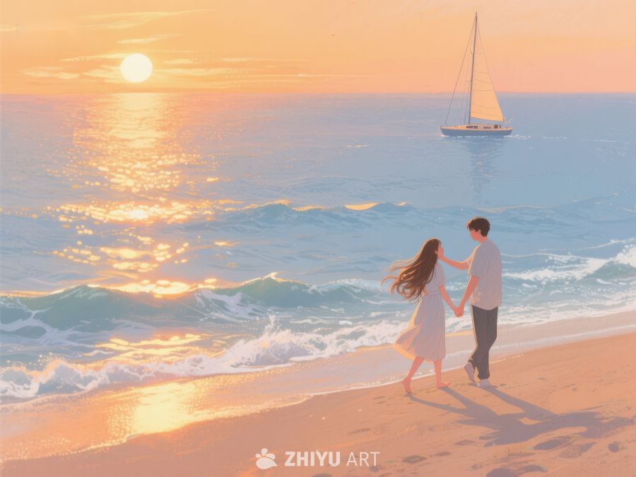 海滩夕阳下的情侣漫步 299