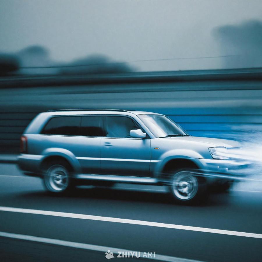 一辆银色SUV行驶在道路上，背景呈现蓝色调的墙面。