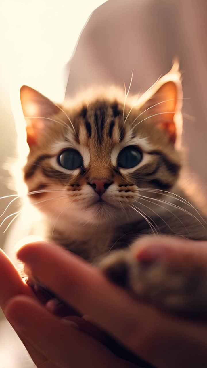 一只毛茸茸的小猫被人小心翼翼地抱在手中。它那双圆圆