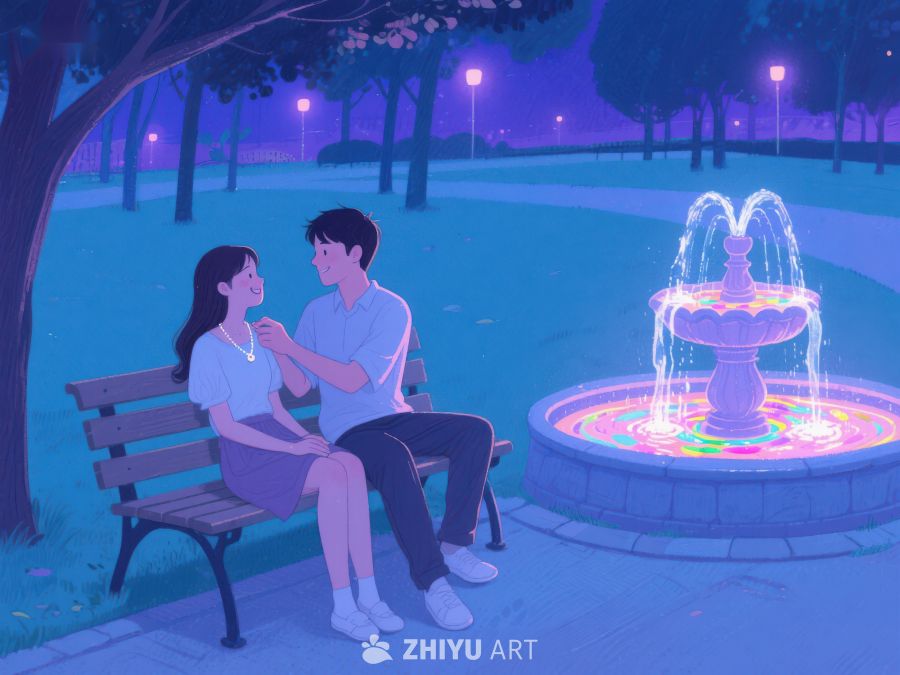 夜晚公园情侣共赏喷泉 1092