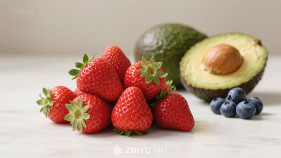 新鲜草莓、牛油果与蓝莓的组合