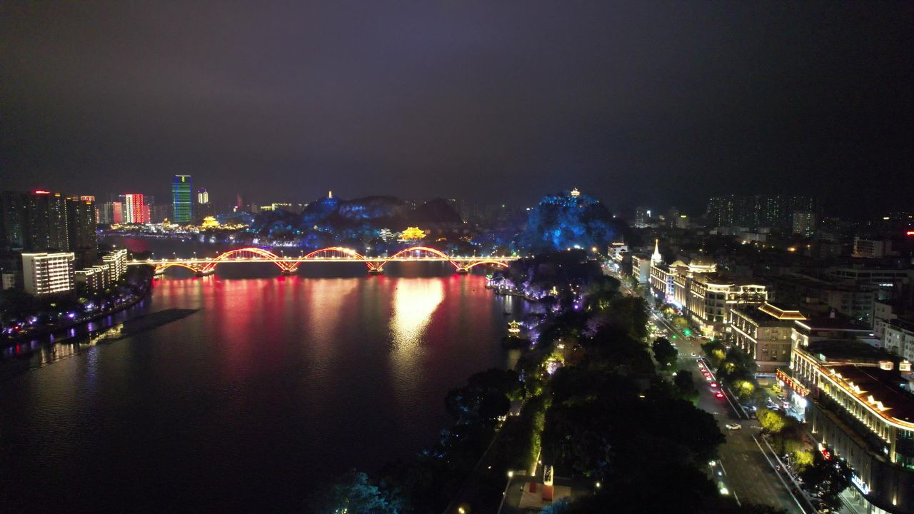 广西柳州柳江桥梁交通夜景灯光