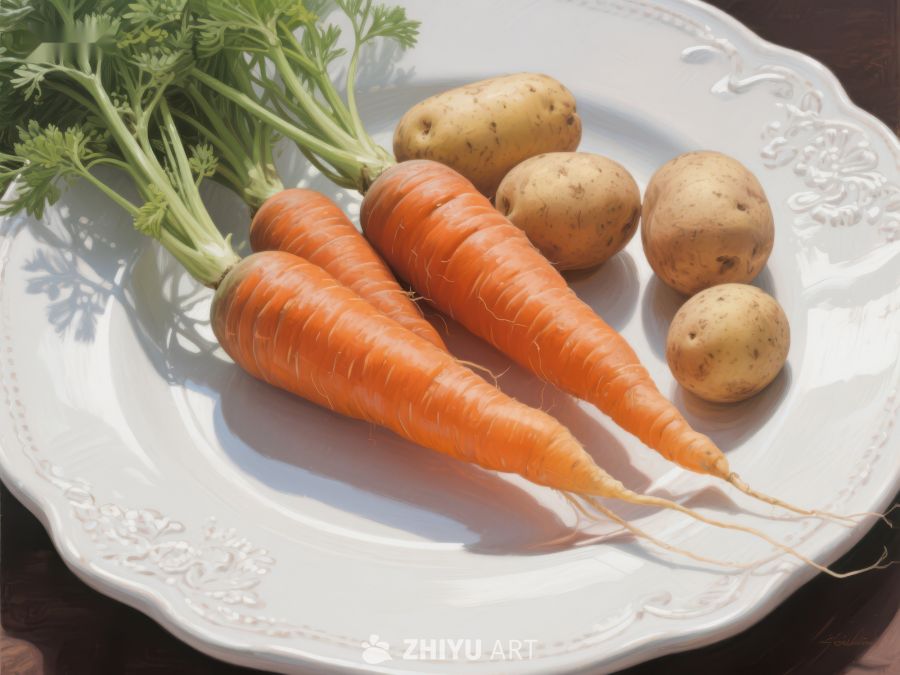 新鲜胡萝卜与土豆置于白盘 507