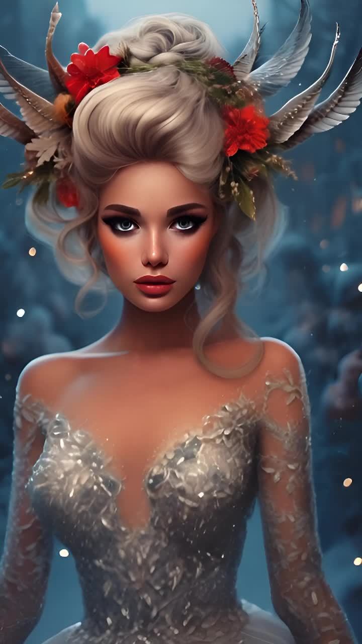 一位女性，她有浅金色的头发，头上戴着有鸟和红色花朵