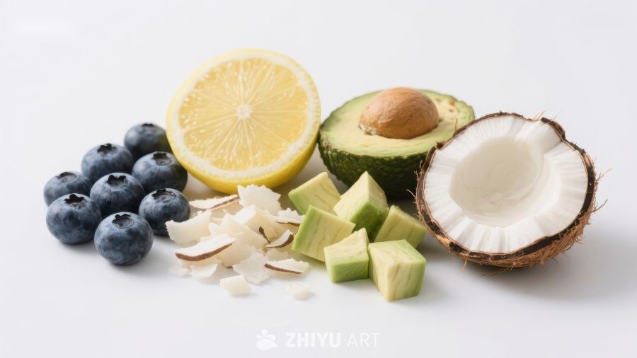 新鲜水果组合：蓝莓、柠檬、牛油果与椰子