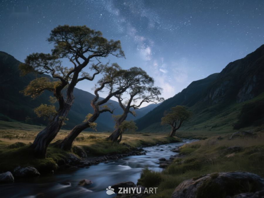 夜空下的蜿蜒溪流与孤树 380