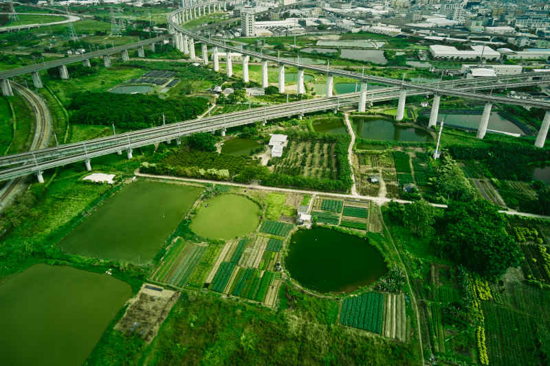 航拍田野与高铁线路