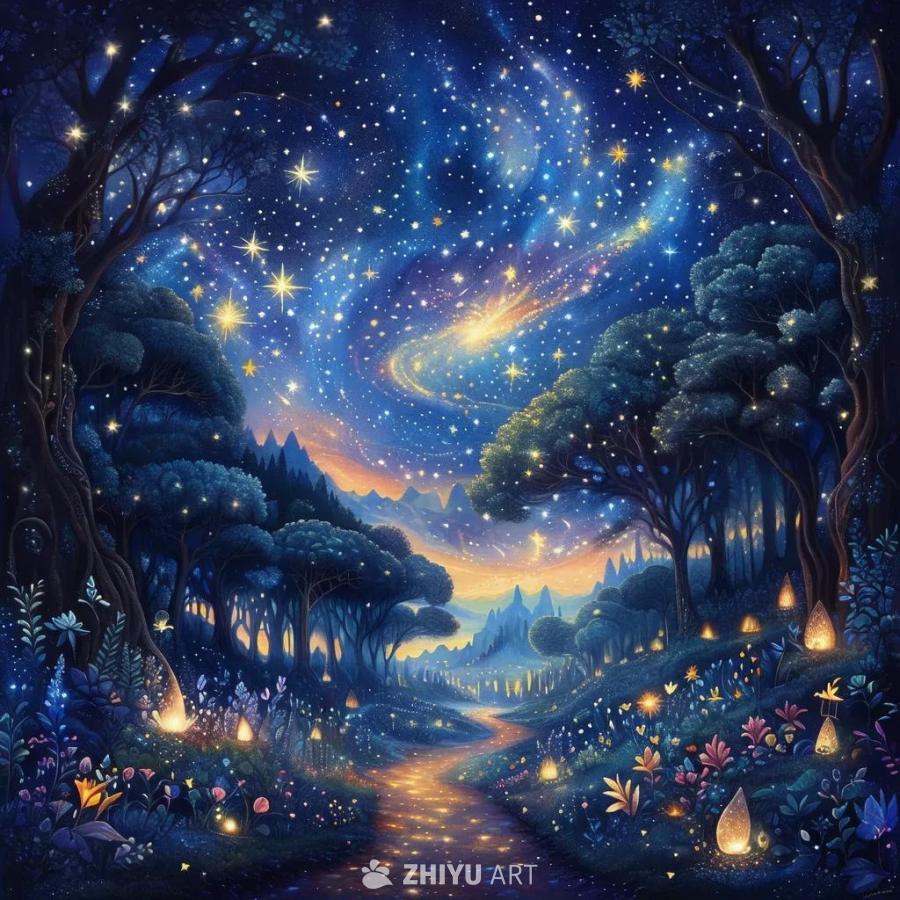 在夜幕笼罩下的森林中，繁星点点，构成一幅宇宙的画卷