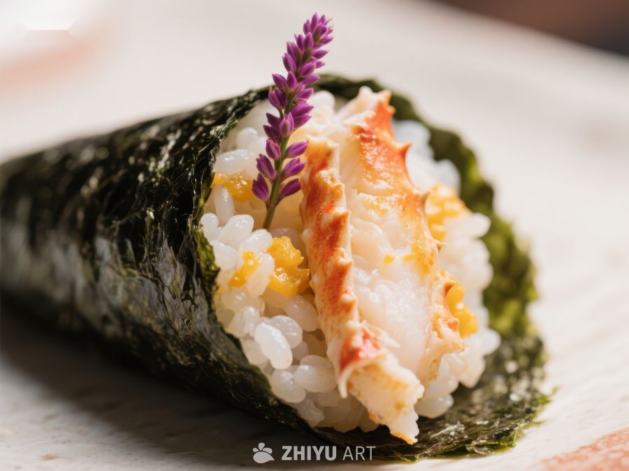 精致手握寿司配蟹肉和紫花装饰 96