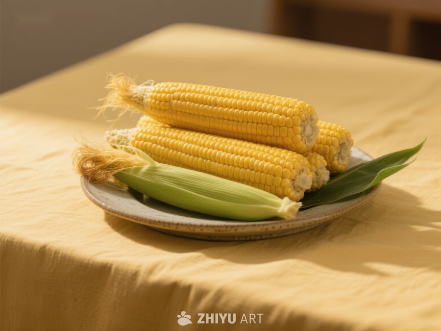 新鲜玉米堆放在黄色桌布上的盘子中 528