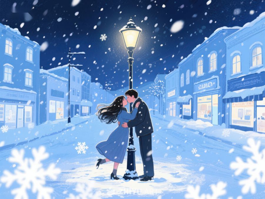 雪夜街灯下的浪漫拥吻 901