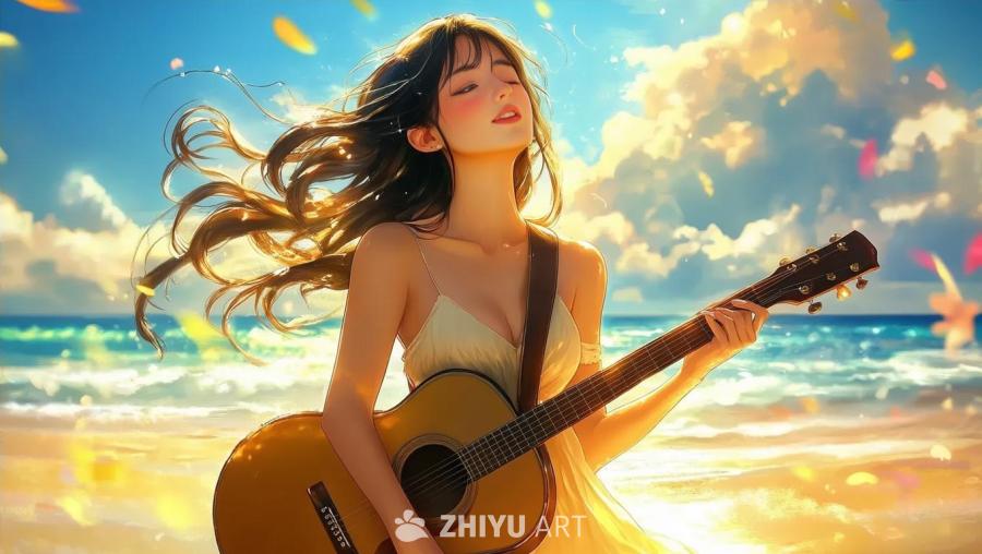 一个穿着轻盈连衣裙的美丽女子，有着飘逸光泽的头发，