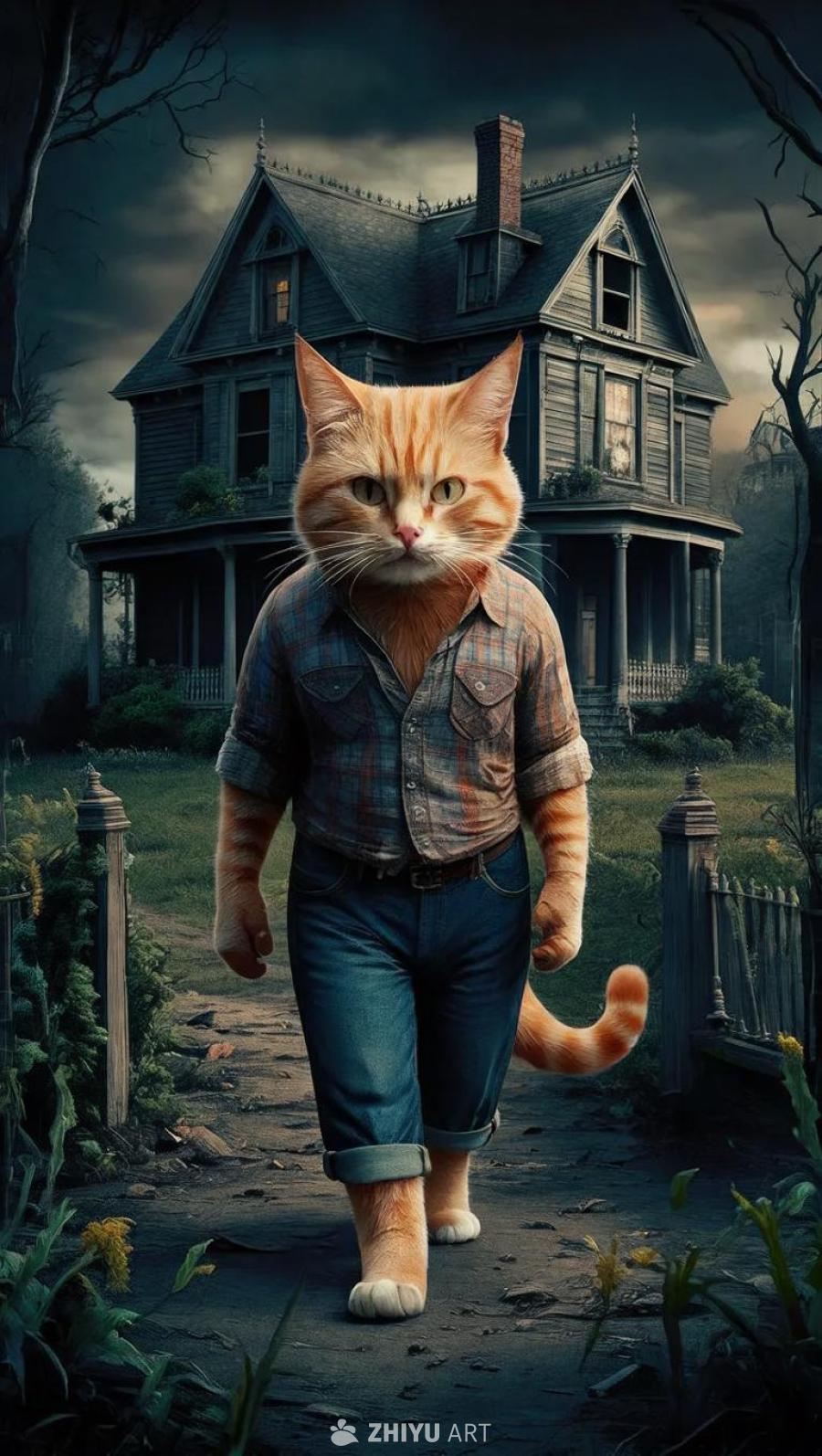 一只拟人化的橙色虎斑猫穿着格子衬衫和牛仔裤，小心翼