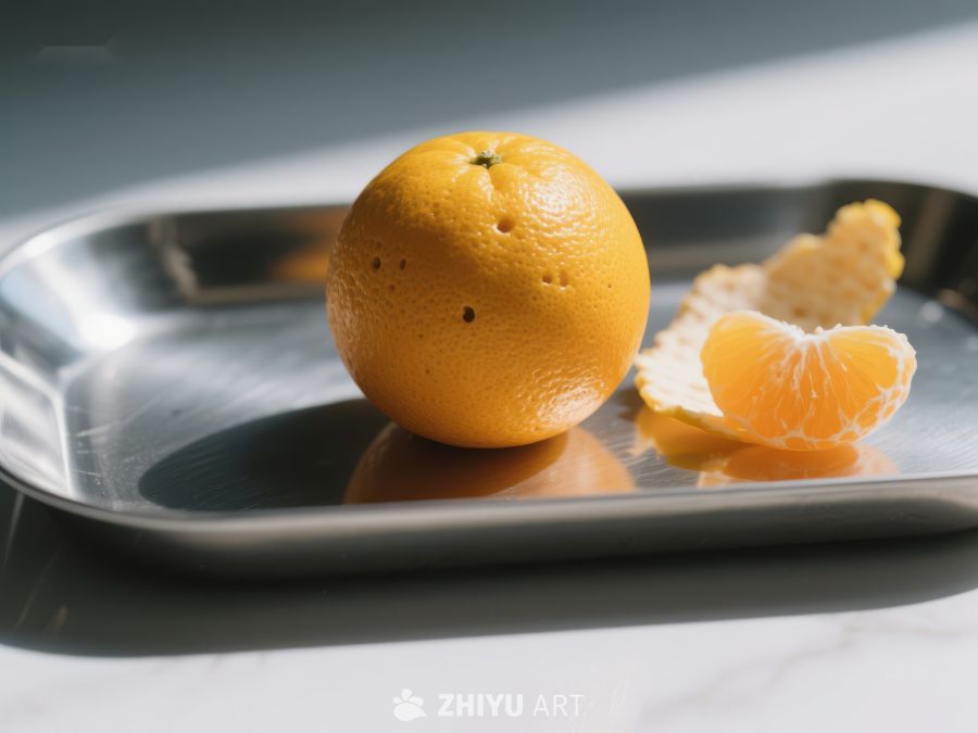 橙子与果瓣置于金属托盘 69