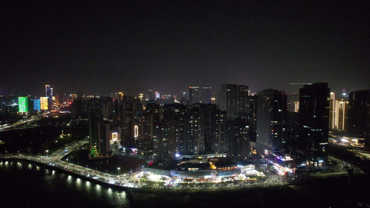 广东湛江城市夜景灯光交通航拍