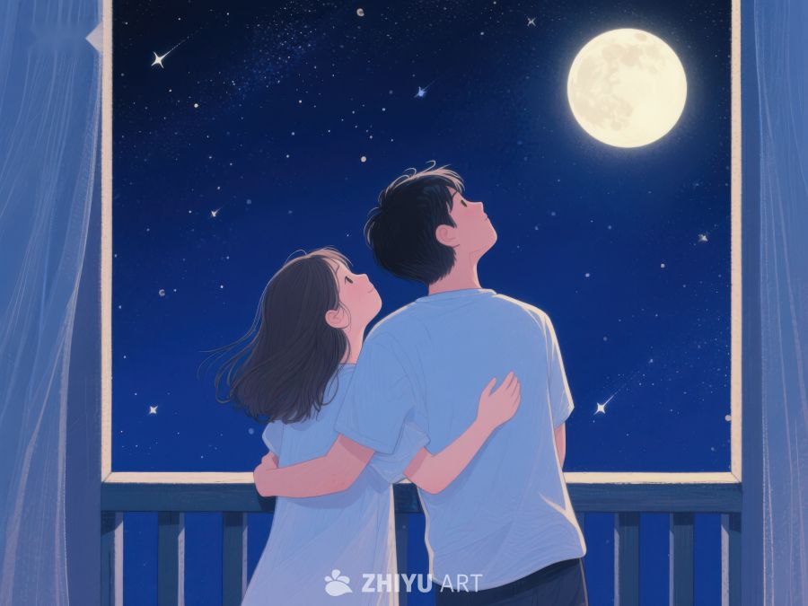 月下情侣相拥望星空 1224