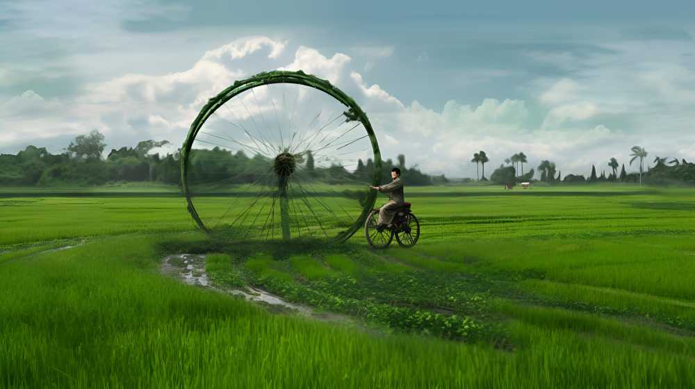 一个农民在一个领域与车轮