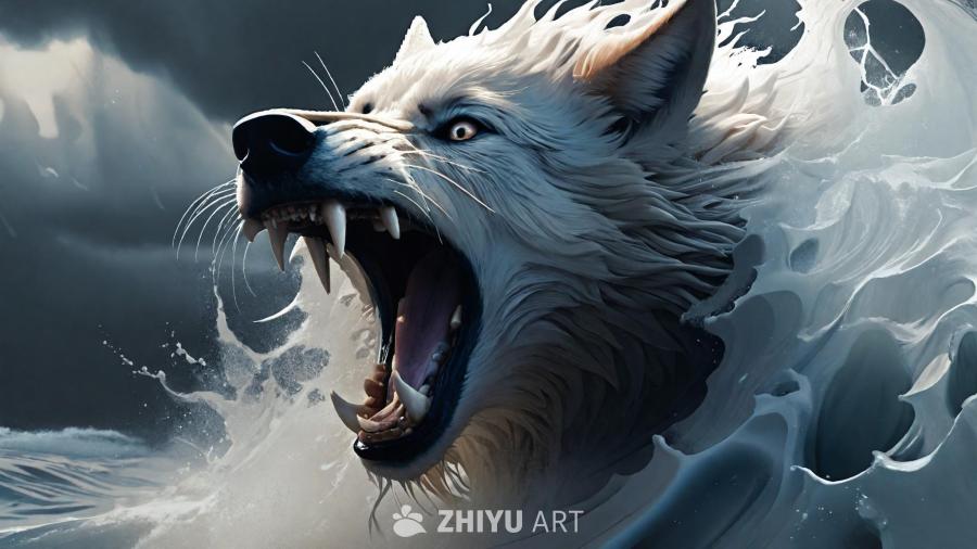 一只毛发湿漉漉的凶猛的狼从海中浮现，它张大嘴巴，露