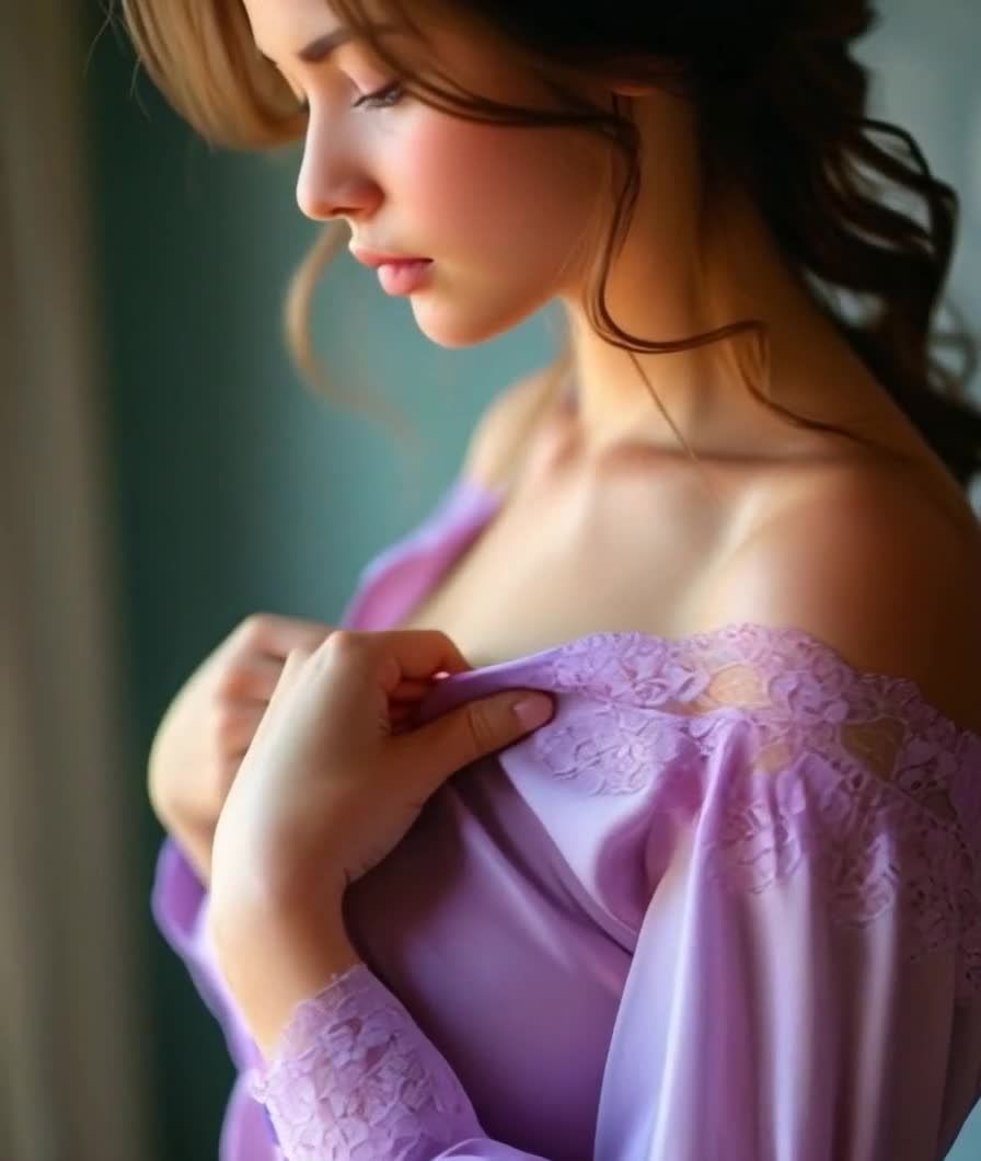 一位年轻女子正在调整她的衬衫。她的肩膀和手是画面的