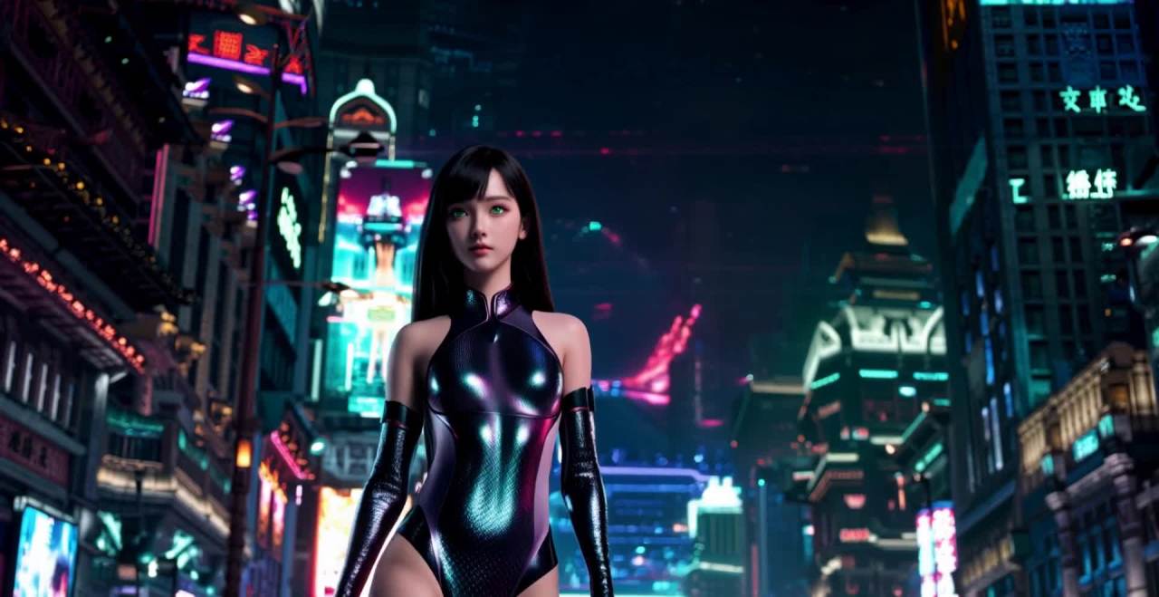 赛博朋克都市泳装少女漫步街头