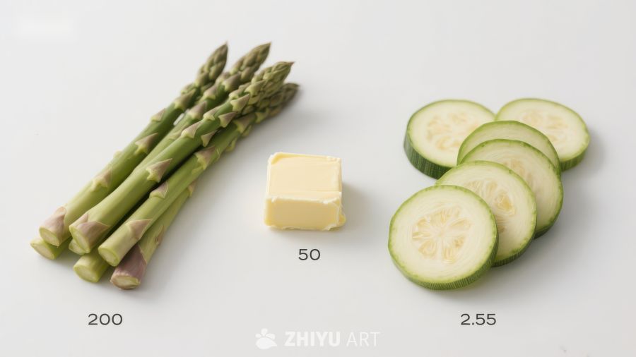 芦笋、黄油与黄瓜片的对比展示