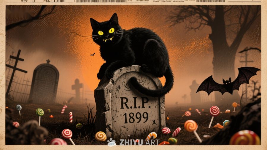 墓碑上的黑猫与糖果墓地