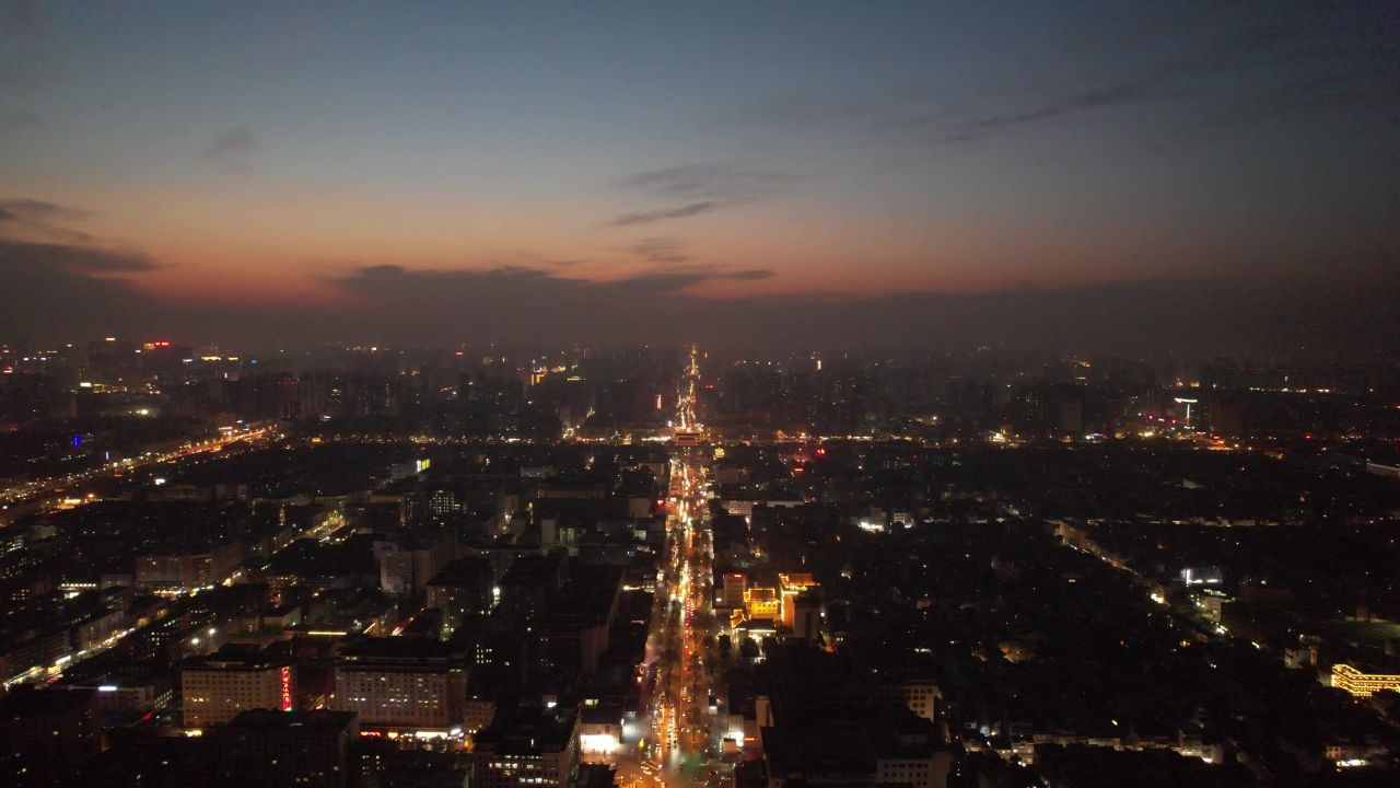 西安晚霞夜幕降临航拍