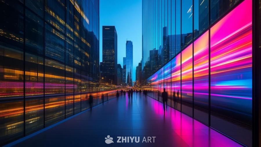 一座现代化的玻璃幕墙建筑，配备LED屏幕，屏幕上展