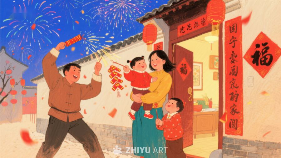 家庭欢庆新年，燃放鞭炮迎新春 503