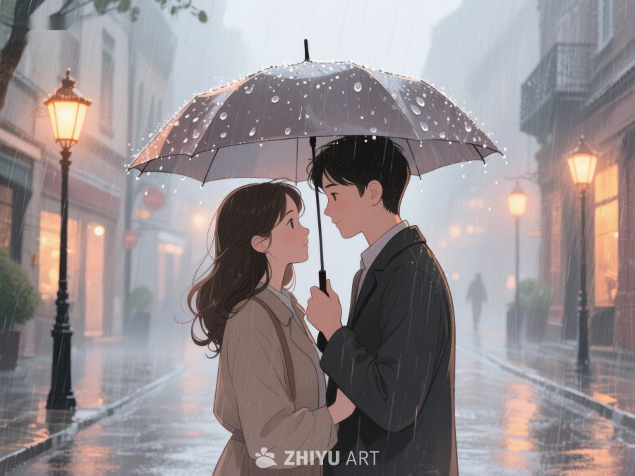 雨中伞下，两人相视而立 1176