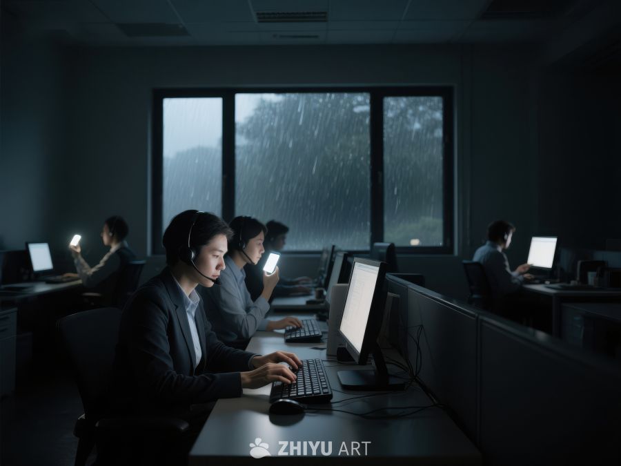 夜幕下办公室内员工专注工作 412