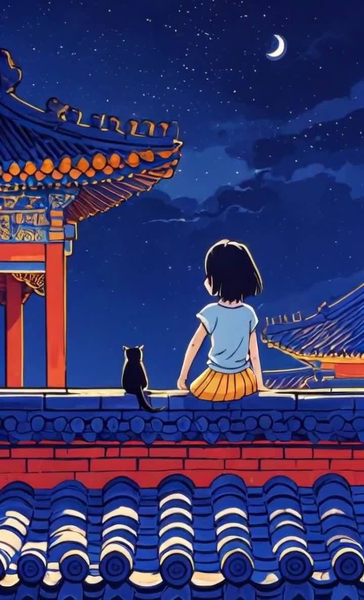女孩与猫，屋顶夜空望月思绪万千