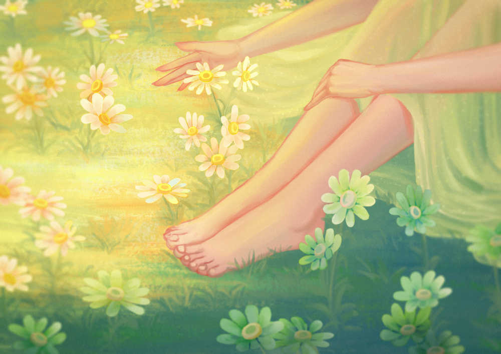 坐在草地上的赤脚抚摸小雏菊的少女背景插画
