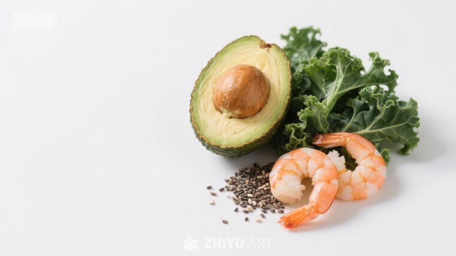 牛油果、羽衣甘蓝、虾仁与奇亚籽的组合