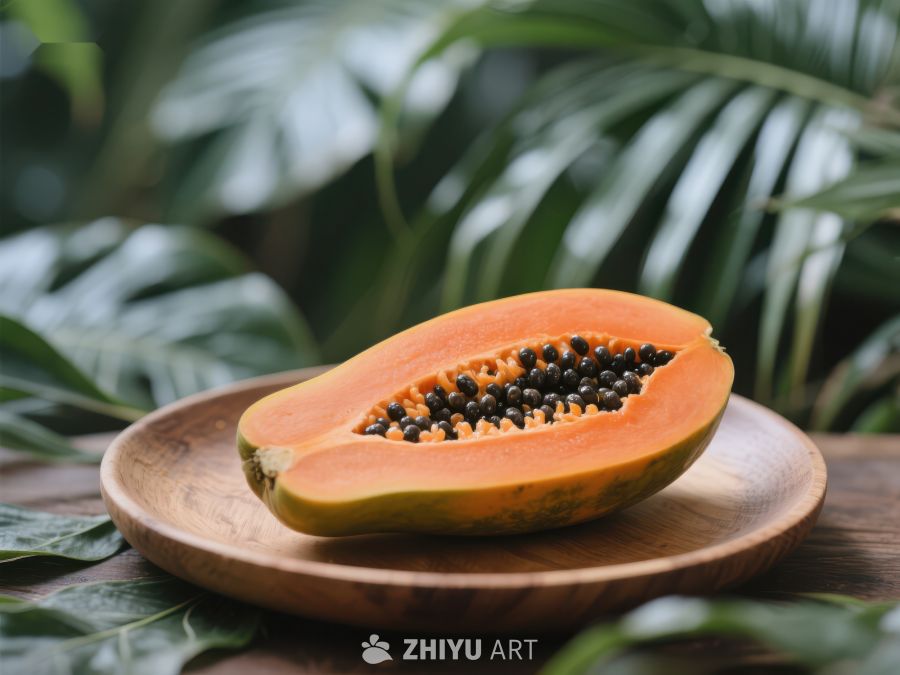 切开的木瓜置于木质盘中 422