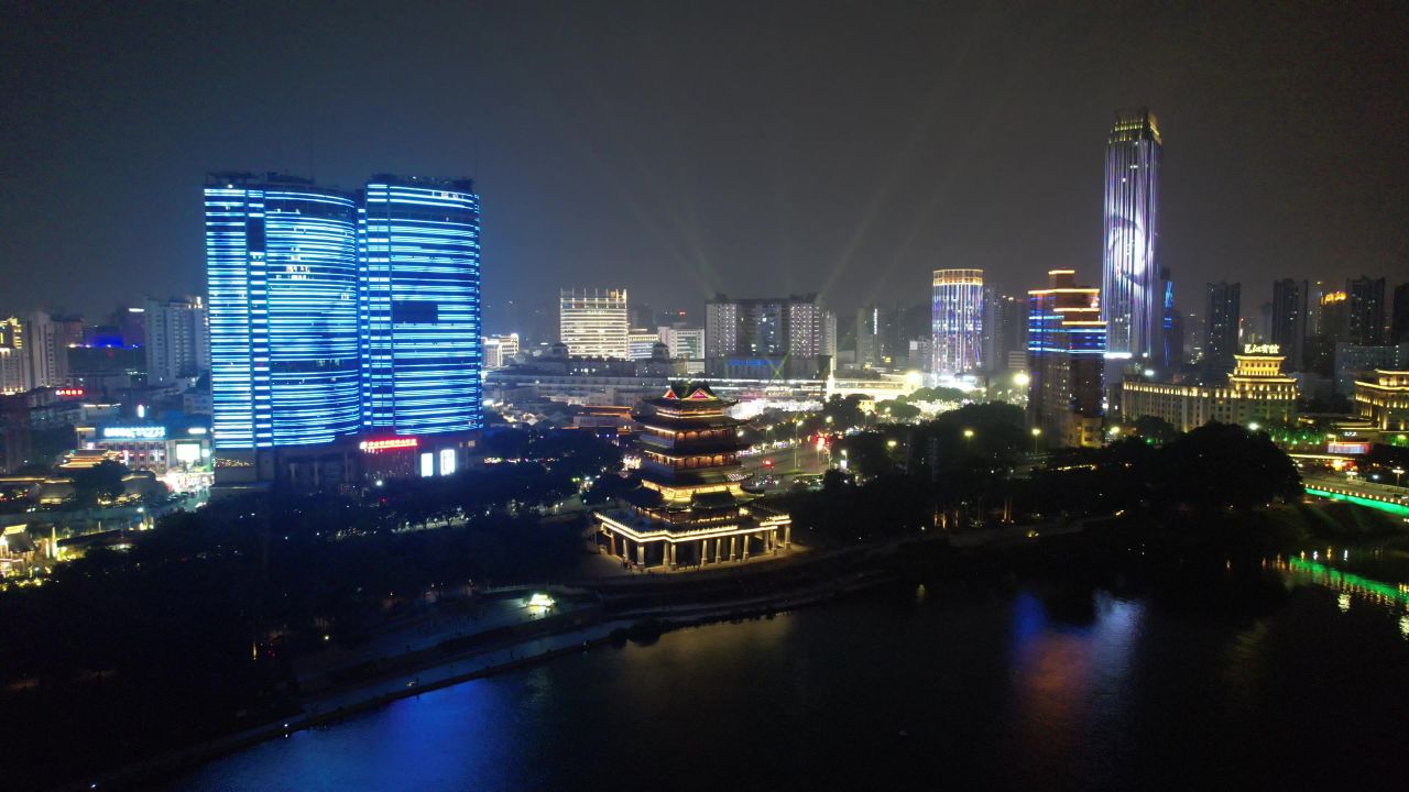 广西南宁畅游阁夜景灯光航拍