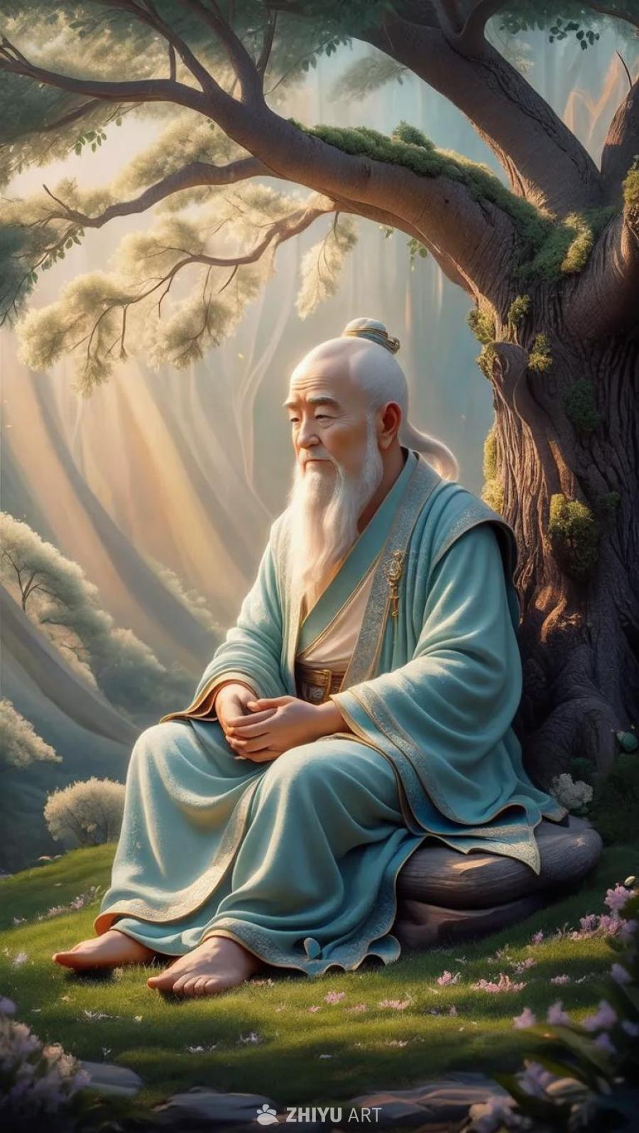 一位身穿浅蓝色长袍的老者，留着白色长须，坐在草地上