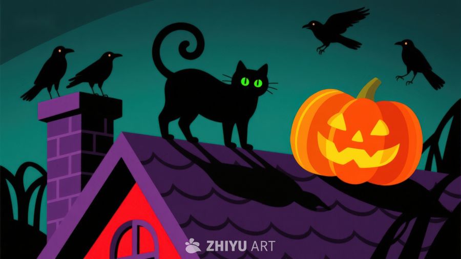 万圣夜屋顶上的黑猫与南瓜灯