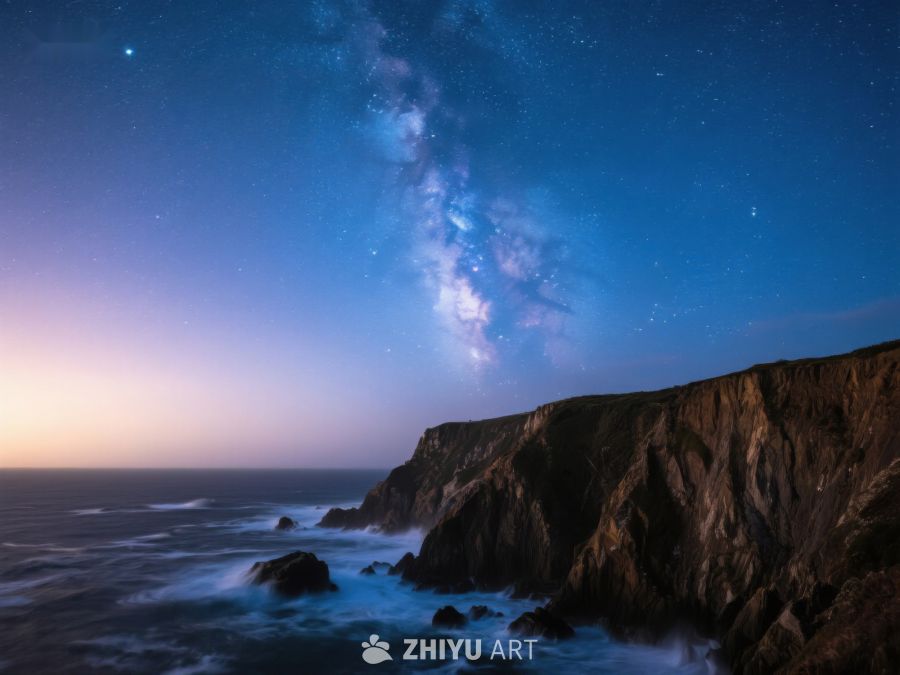 夜空银河下的海岸悬崖 421