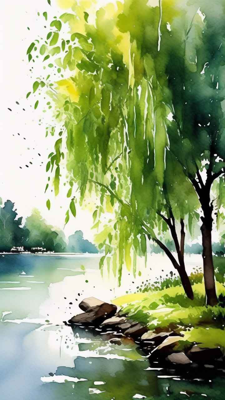 河边柳树插画风景图 6