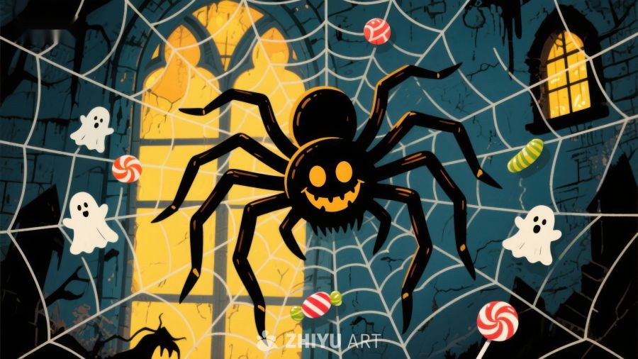 万圣节蜘蛛网中的糖果与幽灵
