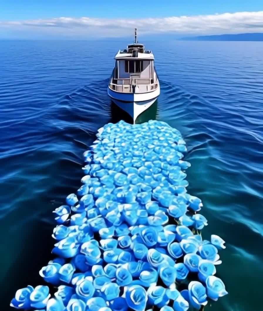 游艇行驶在蓝玫瑰铺成的海上，通向远方。