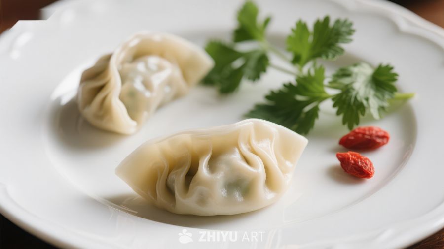 盘中精致饺子配以枸杞和香菜