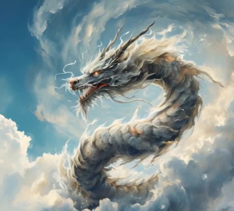 白龙翱翔于云中，橙色眼睛张口威风凛凛。