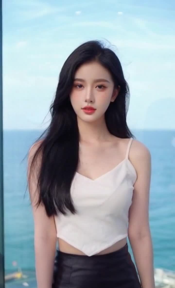 黑发美女着吊带站在海边，肤白貌美气质佳。