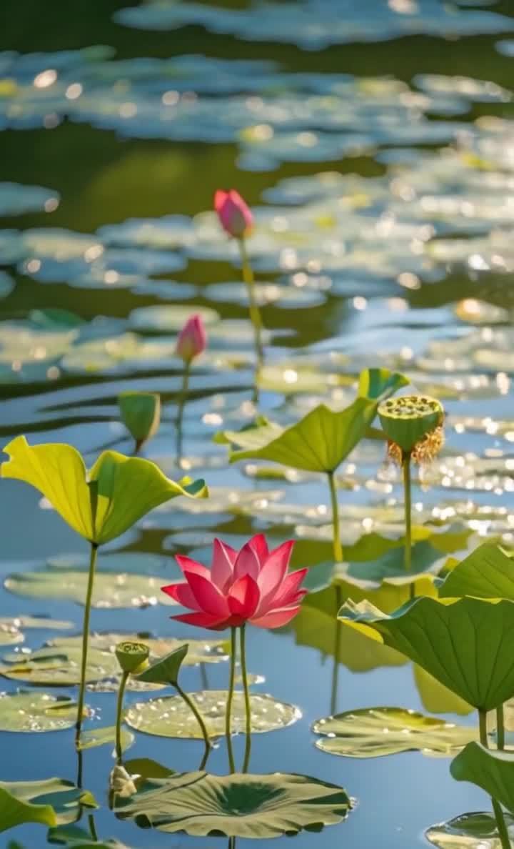 池塘荷花盛开，红莲与荷叶在阳光下摇曳。