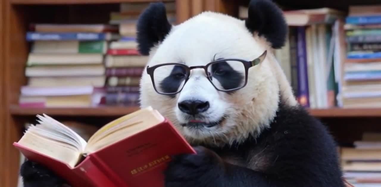 戴眼镜熊猫在书架前读书