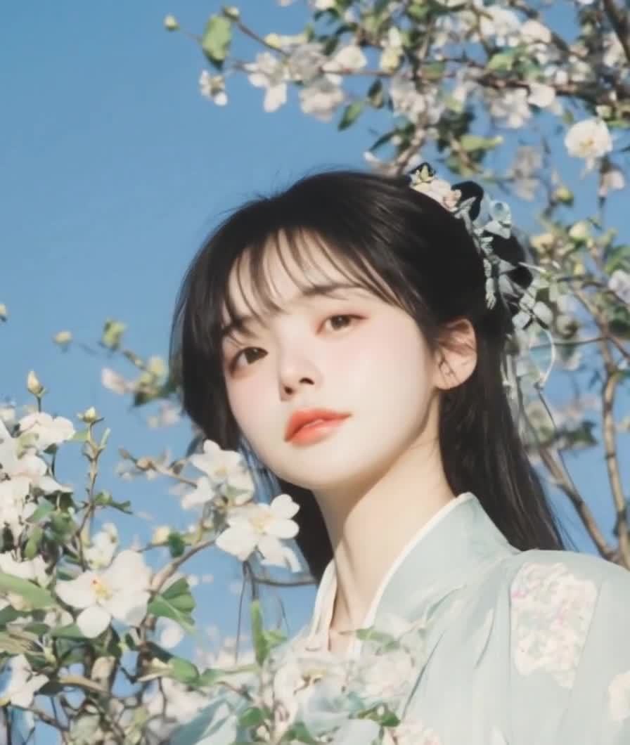 古典汉服少女，蓝天白花间的美好瞬间